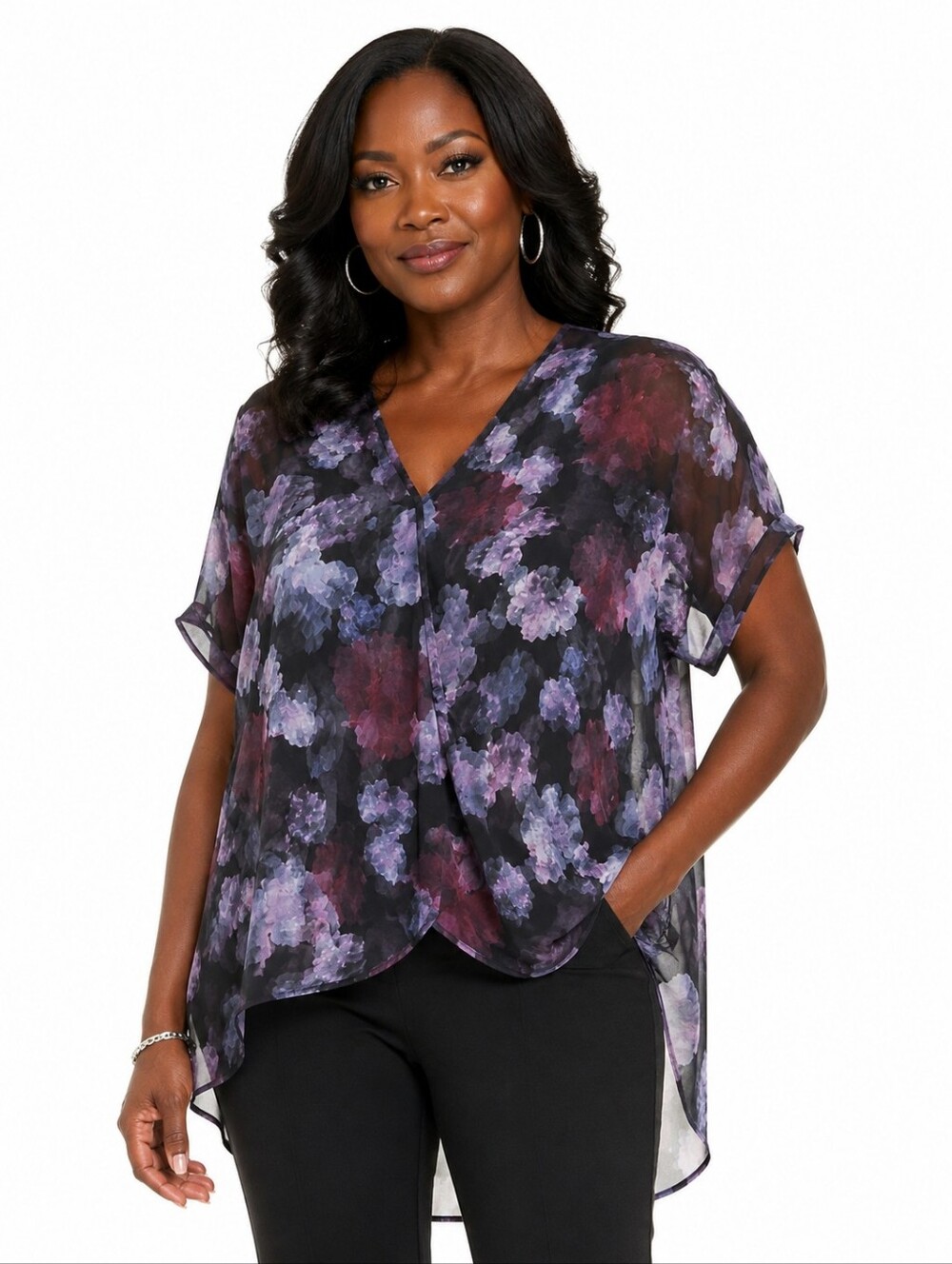 Sheer Floral Print Long-Sleeve Blouse - Purple/Black